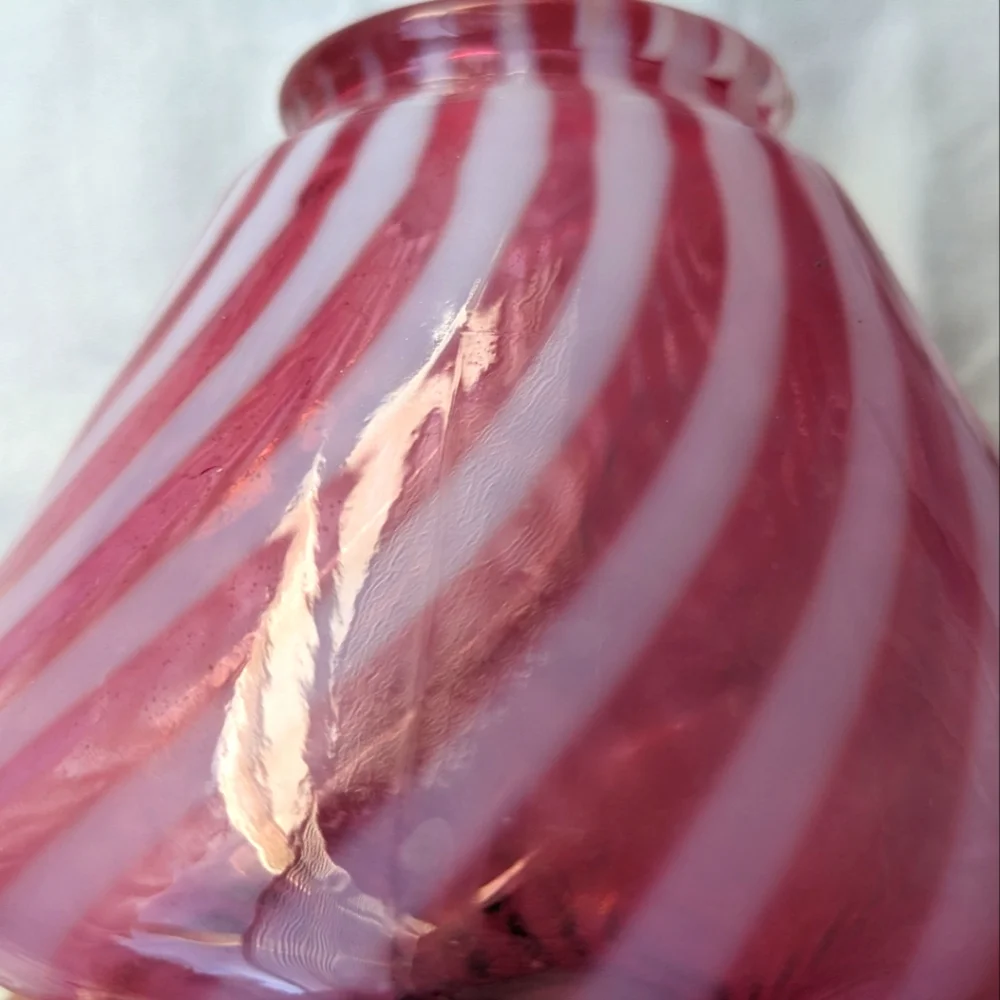 Vintage Cranberry Pink White Candy Cane Handblown Glass Vase Ripple Lip